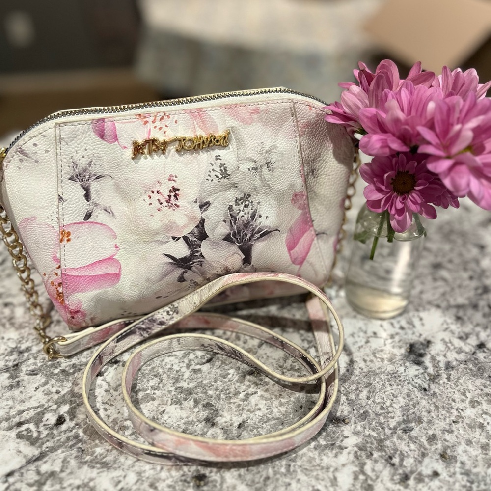 Betsey Johnson White Floral Crossbody with Pink Accents and Gold Hardware
